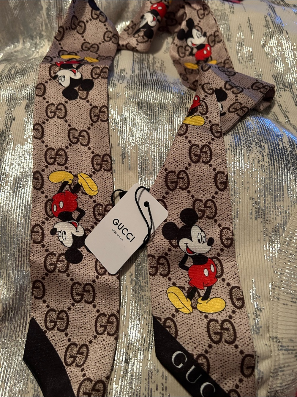 Gucci Beige Brown GG Mickey 109% Silk Twilly Scarf with Red Yellow Accents